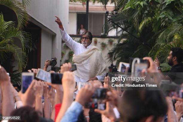 Bollywood actor Amitabh Bachchan spotted greeting his fans outside his residence, Jalsa on May 13, 2018 in Mumbai, India. The veteran actor thanked...