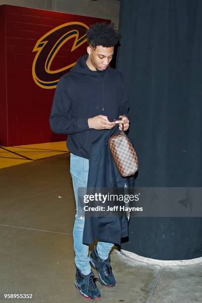 Alfonzo McKinnie of the Toronto Raptors arrives at the stadium before the game against the Cleveland Cavaliers during Game Four of the Eastern...