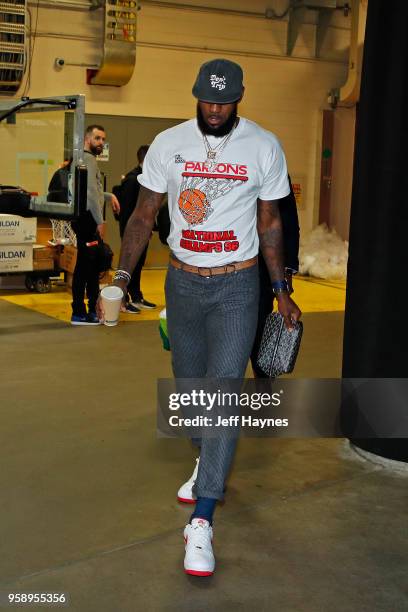 LeBron James of the Cleveland Cavaliers arrives at the stadium before the game against the Toronto Raptors during Game Four of the Eastern Conference...