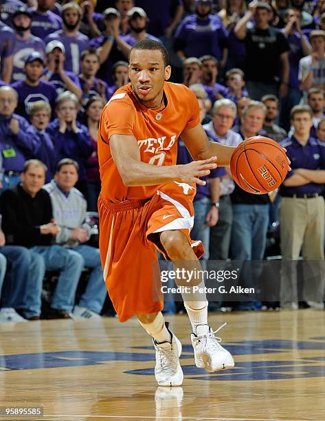 Guard Avery Bradley of the Texas Longhorns brings the ball up court against the Kansas State Wildcats in the first half on January 18, 2010 at...