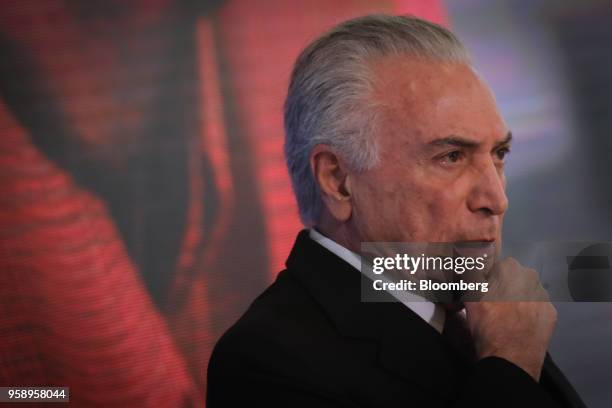 Michel Temer, Brazil's president, speaks during a ceremony marking his second year in office at the Planalto Palace in Brasilia, Brazil, on Tuesday,...