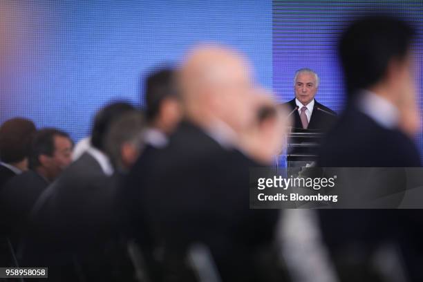 Michel Temer, Brazil's president, speaks during a ceremony marking his second year in office at the Planalto Palace in Brasilia, Brazil, on Tuesday,...