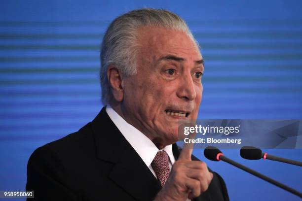 Michel Temer, Brazil's president, speaks during a ceremony marking his second year in office at the Planalto Palace in Brasilia, Brazil, on Tuesday,...