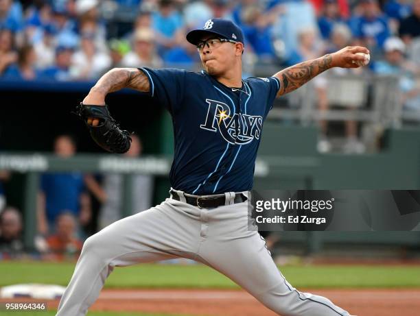 Anthony Banda of the Tampa Bay Rays pitches in the first inning against the Kansas City Royals at Kauffman Stadium on May 15, 2018 in Kansas City,...