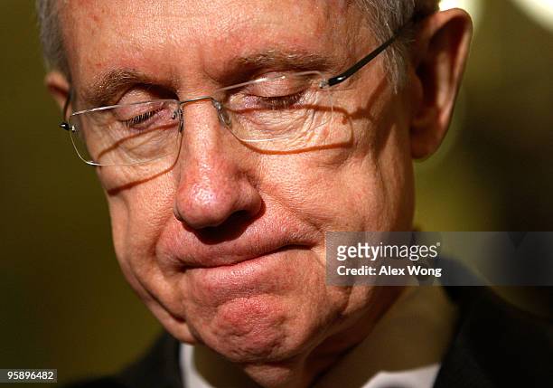 Senate Majority Leader Sen. Harry Reid pauses as he speaks to the media after the weekly policy luncheon on Capitol Hill January 20, 2010 in...