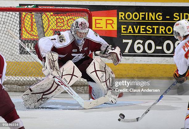 Jason Missiaen of the Peterborough Petes gets set to make a save in a game against the Belleville Bulls on January 14, 2010 at the Peterborough...