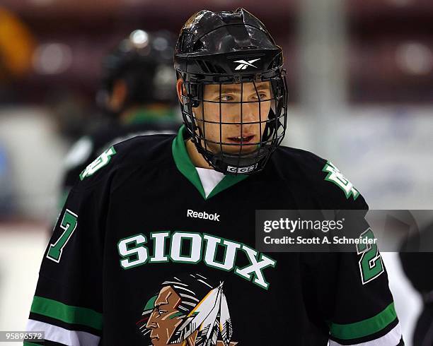 Carter Rowney of the North Dakota Fighting Sioux warms up before a game with the Minnesota Gophers on January 15, 2010 at Mariucci Arena in...