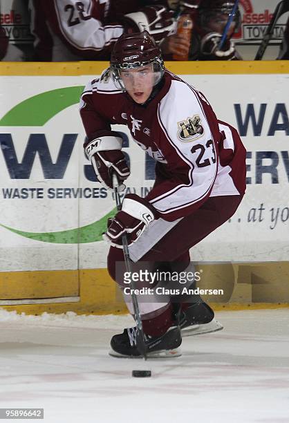 Ryan Spooner of the Peterborough Petes skates with the puck in a game against the Belleville Bulls on January 14, 2010 at the Peterborough Memorial...
