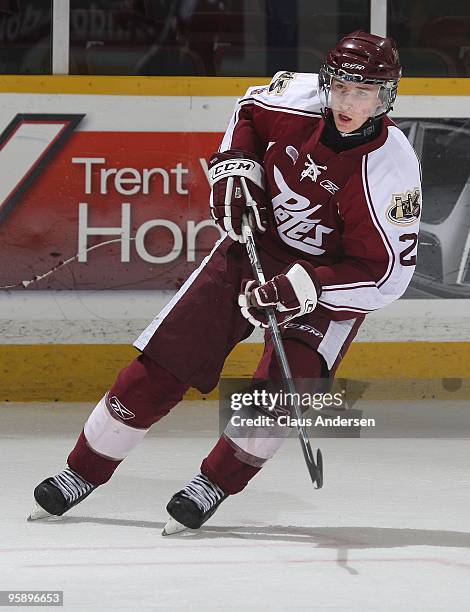 Ryan Spooner of the Peterborough Petes skates in a game against the Belleville Bulls on January 14, 2010 at the Peterborough Memorial Centre in...