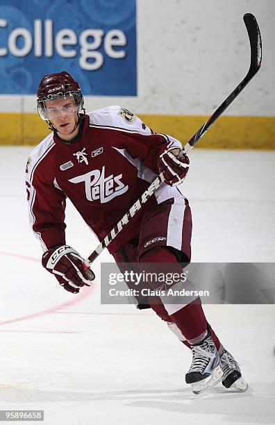 Jamie Doornbosch of the Peterborough Petes skates in a game against the Belleville Bulls on January 14, 2010 at the Peterborough Memorial Centre in...