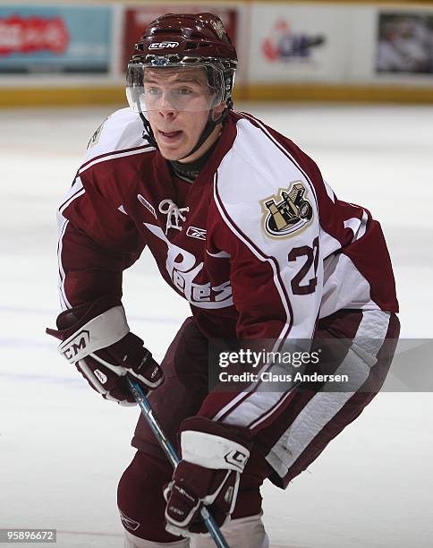 Mike Lomas of the Peterborough Petes skates in a game against the Belleville Bulls on January 14, 2010 at the Peterborough Memorial Centre in...