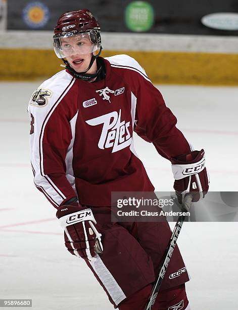 Luke Hietkamp of the Peterborough Petes skates in a game against the Belleville Bulls on January 14, 2010 at the Peterborough Memorial Centre in...