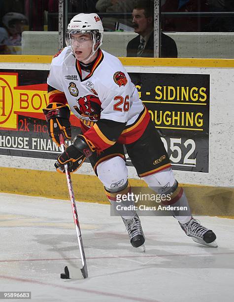 Stephen Silas of the Belleville Bulls skates with the puck in a game against the Peterborough Petes on January 14, 2010 at the Peterborough Memorial...