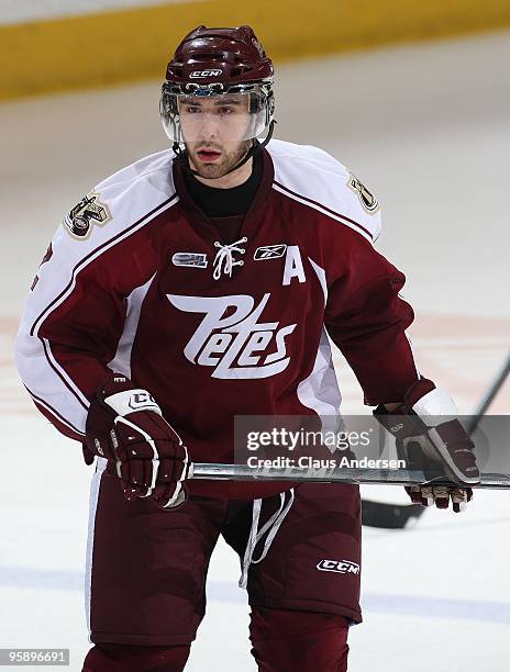 Adrian Robertson of the Peterborough Petes skates in a game against the Belleville Bulls on January 14, 2010 at the Peterborough Memorial Centre in...