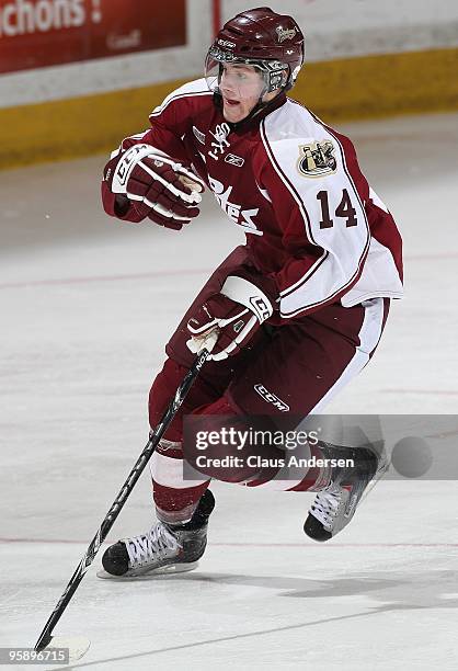 Austin Watson of the Peterborough Petes skates in a game against the Belleville Bulls on January 14, 2010 at the Peterborough Memorial Centre in...