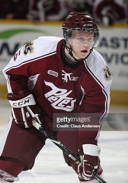 Jeff Braithwaite of the Peterborough Petes waits for a faceoff in a game against the Belleville Bulls on January 14, 2010 at the Peterborough...
