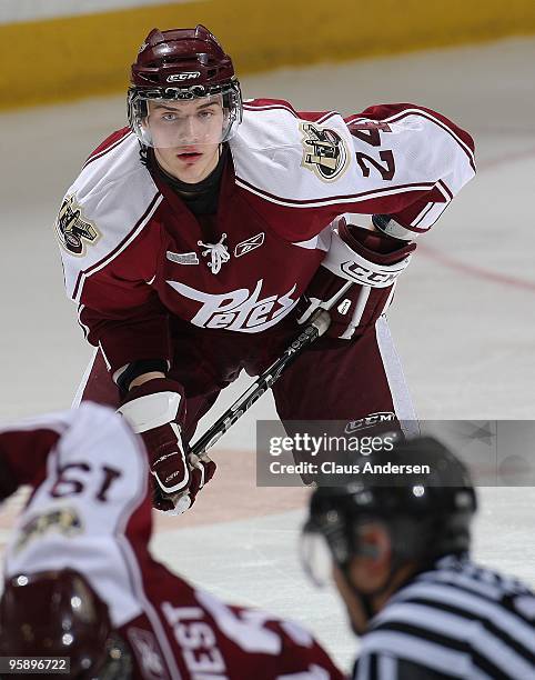 Adam Sedlak of the Peterborough Petes waits for a faceoff in a game against the Belleville Bulls on January 14, 2010 at the Peterborough Memorial...