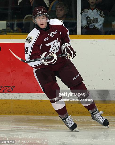 Austin Watson of the Peterborough Petes skates in a game against the Belleville Bulls on January 14, 2010 at the Peterborough Memorial Centre in...