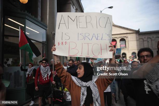 Members of the Palestinian community and their supporters protest President Donald Trump's decision to move the U.S. Embassy in Israel from Tel Aviv...