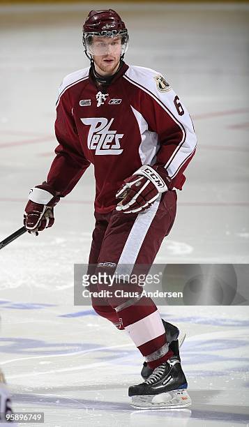 Chris Breen of the Peterborough Petes skates in a game against the Belleville Bulls on January 14, 2010 at the Peterborough Memorial Centre in...