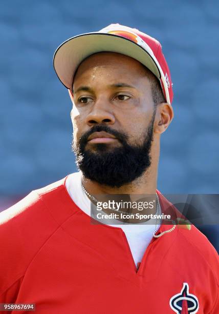 Los Angeles Angels of Anaheim outfielder Chris Young on the field during batting practice before a game against the Houston Astros played on May 15,...