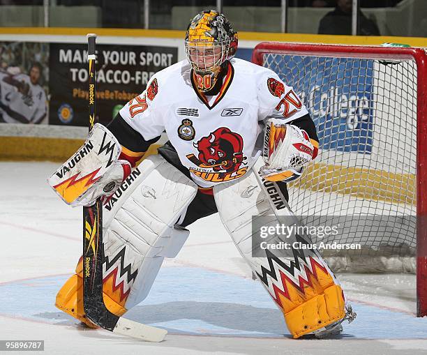 Tyson Teichmann of the Belleville Bulls keeps an eye on the play in a game against the Peterborough Petes on January 14, 2010 at the Peterborough...