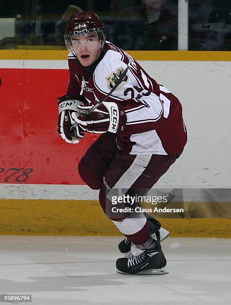 Brett Theberge of the Peterborough Petes skates in a game against the Belleville Bulls on January 14, 2010 at the Peterborough Memorial Centre in...
