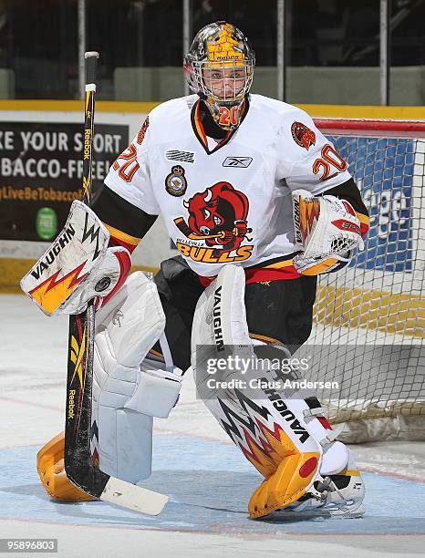 Tyson Teichmann of the Belleville Bulls keeps an eye on the play in a game against the Peterborough Petes on January 14, 2010 at the Peterborough...