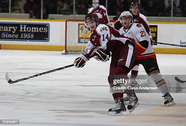 Austin Watson of the Peterborough Petes skates in a game against the Belleville Bulls on January 14, 2010 at the Peterborough Memorial Centre in...