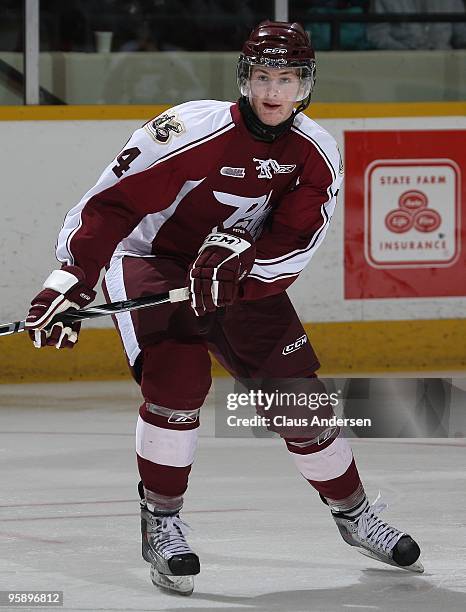 Austin Watson of the Peterborough Petes skates in a game against the Belleville Bulls on January 14, 2010 at the Peterborough Memorial Centre in...