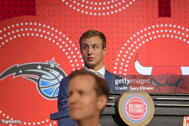 Luke Kennard of the Detroit Pistons represents the Detroit Pistons during the NBA Draft Lottery on May 15, 2018 at The Palmer House Hilton in...