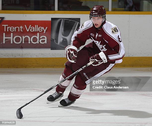 Luke Hietkamp of the Peterborough Petes skates in a game against the Belleville Bulls on January 14, 2010 at the Peterborough Memorial Centre in...