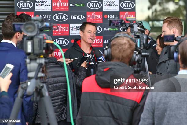 John Worsfold, coach of the Bombers speaks to the media during an Essendon Bombers AFL training session at The Hangar on May 16, 2018 in Melbourne,...