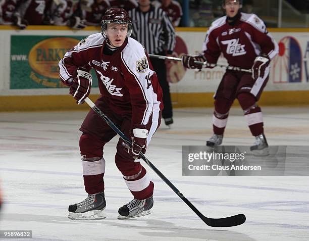 Joey West of the Peterborough Petes skates in a game against the Belleville Bulls on January 14, 2010 at the Peterborough Memorial Centre in...