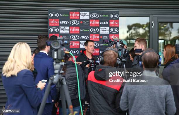 John Worsfold, coach of the Bombers speaks to the media during an Essendon Bombers AFL training session at The Hangar on May 16, 2018 in Melbourne,...