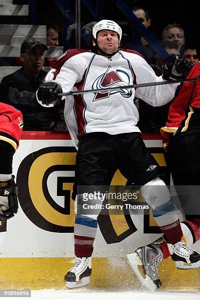 Darcy Tucker of the Colorado Avalanche skates against the Calgary Flames on January 11, 2010 at Pengrowth Saddledome in Calgary, Alberta, Canada. The...