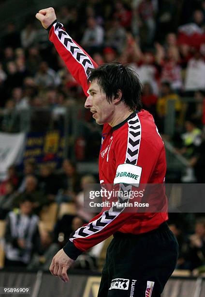 Goalkeeper Slawomir Szmal of Poland celebrates during the Men's Handball European Championship Group C match between Poland and Sweden at the Olympia...