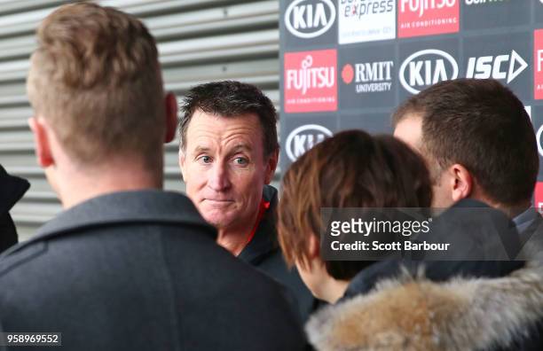 John Worsfold, coach of the Bombers speaks to the media during an Essendon Bombers AFL training session at The Hangar on May 16, 2018 in Melbourne,...