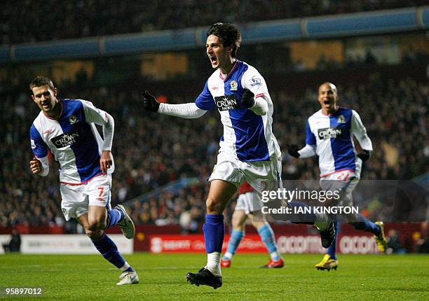 Blackburn Rovers Croatian player Nikola Kalinic celebrates scoring his goal against Aston Villa during the league cup semi final second leg football...