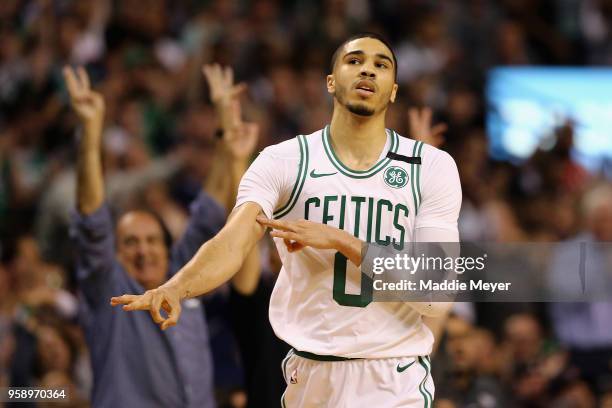 Jayson Tatum of the Boston Celtics gestures after making a basket in the first half against the Cleveland Cavaliers during Game Two of the 2018 NBA...