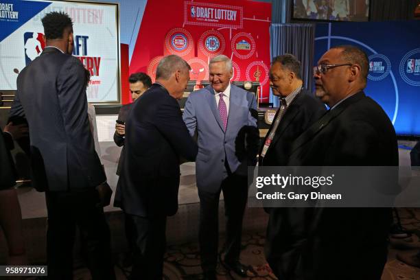 Jerry West of the LA Clippers and American civil rights activist, Jesse Jackson talk before the NBA Draft Lottery on May 15, 2018 at The Palmer House...