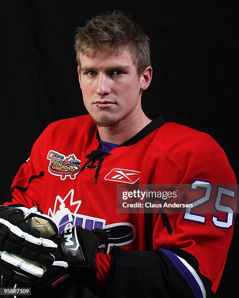 Brock Beukeboom of Team Cherry poses for a portrait prior to the 2010 Home Hardware CHL/NHL Top Prospects game on January 20, 2010 at the WFCU Centre...