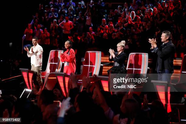 Live Semi Finals" Episode 1418B -- Pictured: Adam Levine, Alicia Keys, Kelly Clarkson, Blake Shelton --