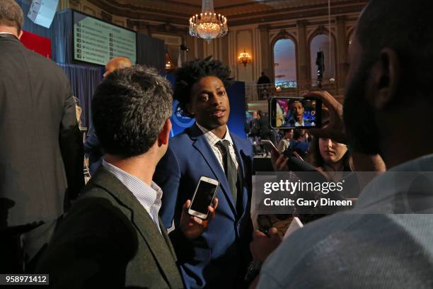 De'Aaron Fox of the Sacramento Kings talks to the media during the NBA Draft Lottery on May 15, 2018 at The Palmer House Hilton in Chicago, Illinois....