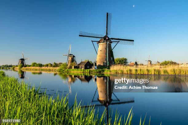 windmills, sunrise at kinderdijk, netherlands, europe - traditionele molen stockfoto's en -beelden
