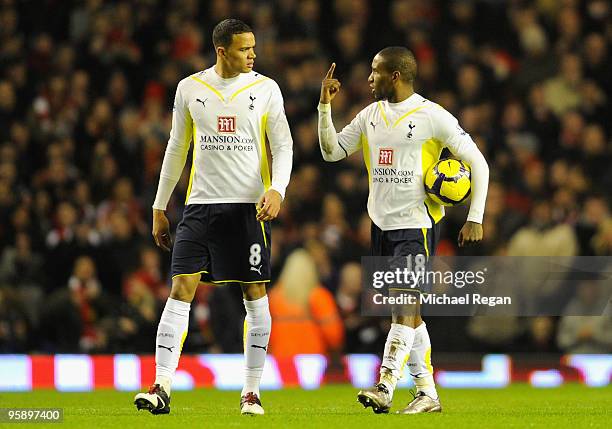 Jermain Defoe and Jermaine Jenas of Tottenham Hotspur have words after conceding the opening goal during the Barclays Premier League match between...