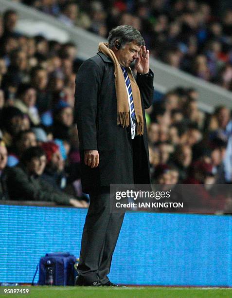 Manager of Blackburn Rovers Sam Allardyce gestures during the match against Aston Villa during the league cup semi final second leg football match at...