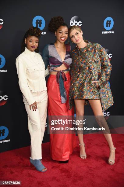 Actors Chloe Bailey, Halle Bailey and Emily Arlook attend during 2018 Disney, ABC, Freeform Upfront at Tavern On The Green on May 15, 2018 in New...