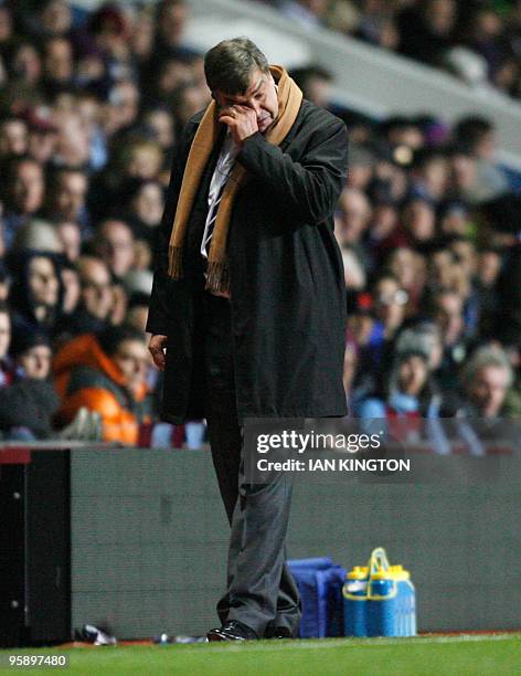 Manager of Blackburn Rovers Sam Allardyce gestures during the match against Aston Villa during the league cup semi final second leg football match at...