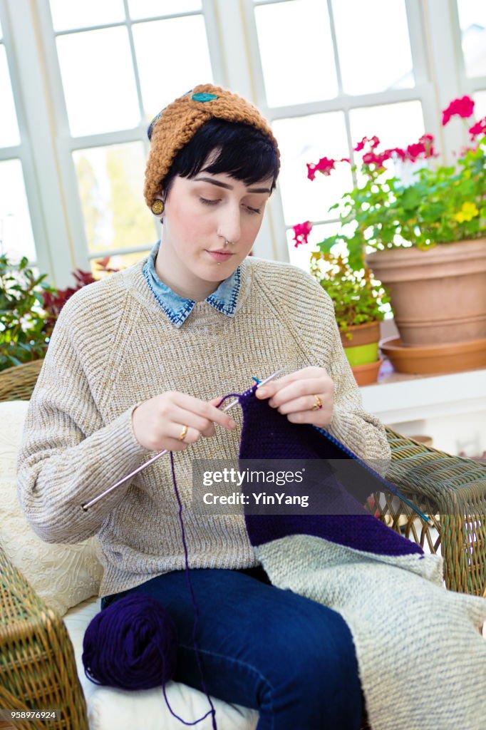 Millennial Young Caucasian Woman Knitting for Leisure Relaxation